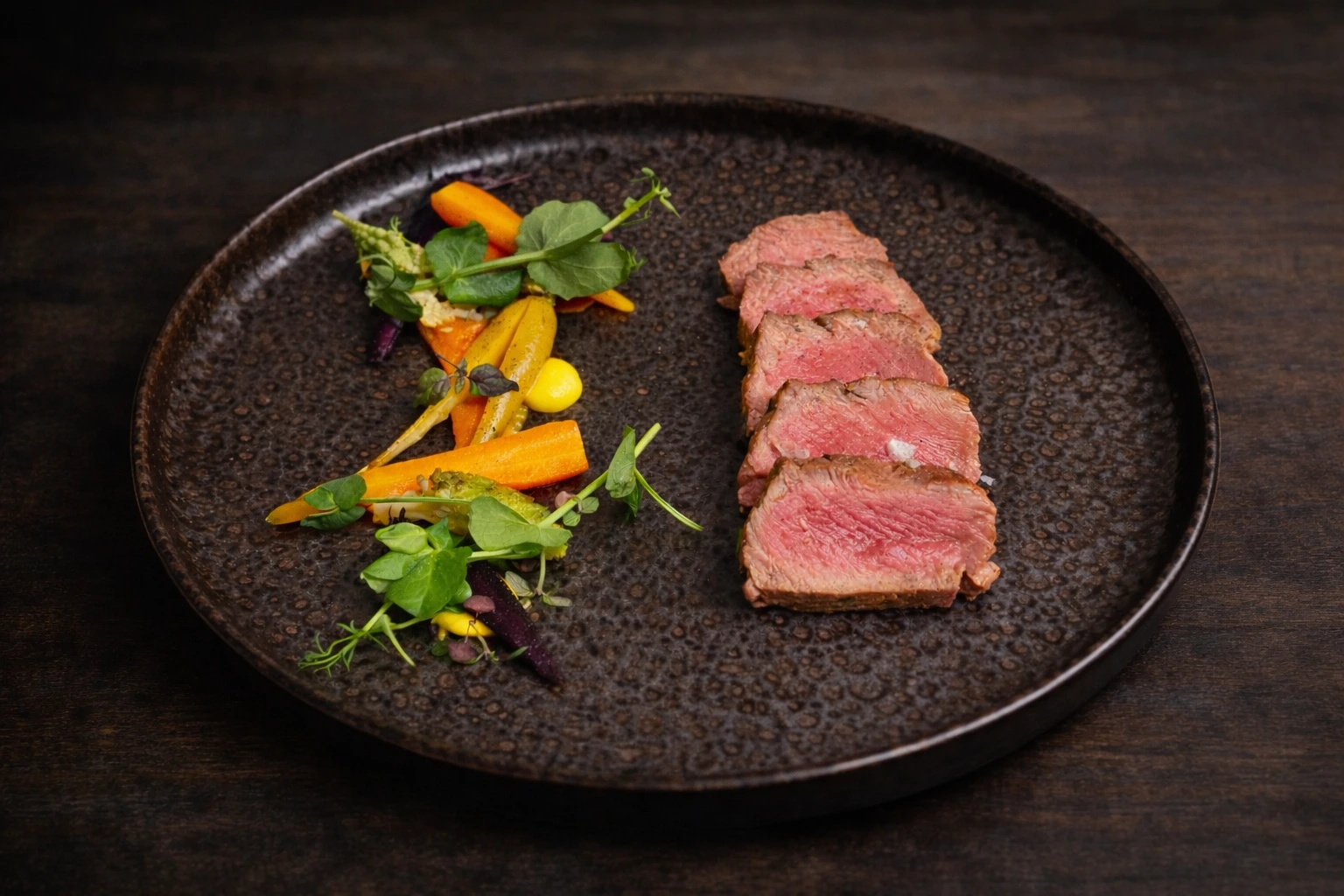 Plat gastronomique viande cuisson parfaite chef à domicile